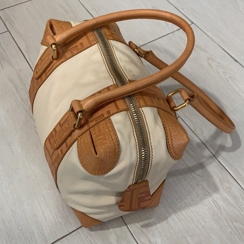 Fendi Cream and Tan Boston Bag with FF Trim